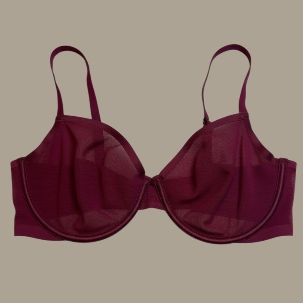 Auden Unlined Mesh Underwire Bra Plum Burgundy 36D Minimalist Sheer Support